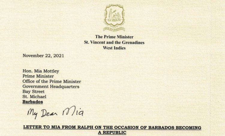Letter to Mia from Ralph on the occasion of Barbados becoming a Republic